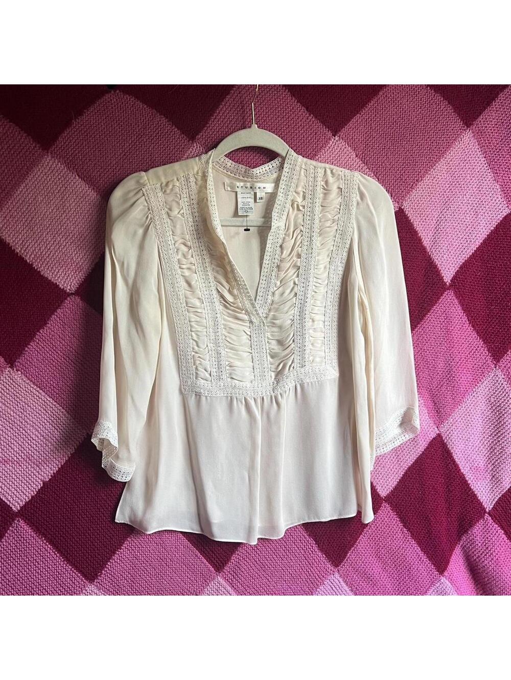 lace trim long sleeve silk blouse